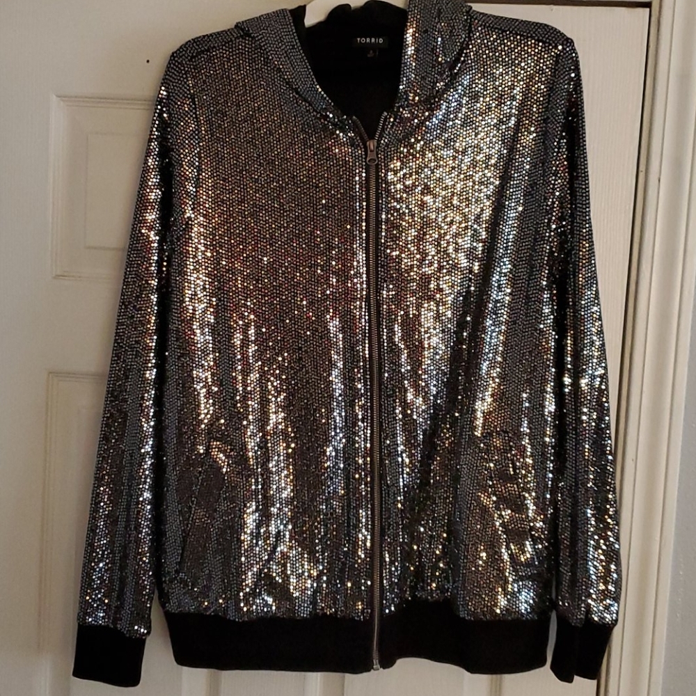 Torrid silver sequin zip up hoodie with pockets